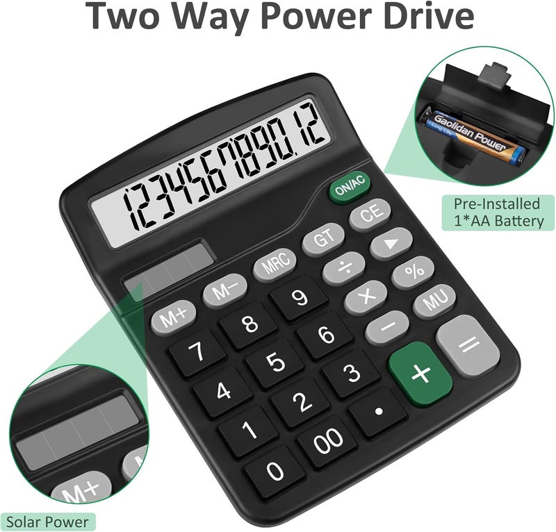 Splaks Calculators, 2 Pack Standard Functional Desktop Calculators Sola and AA Battery Dual Power Electronic Basic Calculator with 12-Digit Large Display for Office, Home, School (2 Black) - Image 2